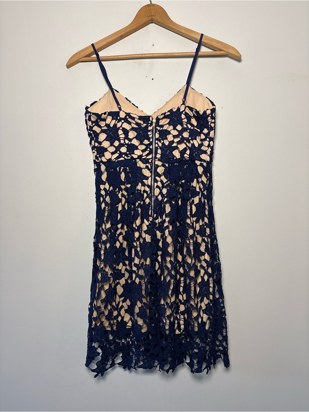 Francesca’s Navy Blue Lace Crochet Fit & Flare Dress Nude Lining Small Cocktail - Picture 3 of 10